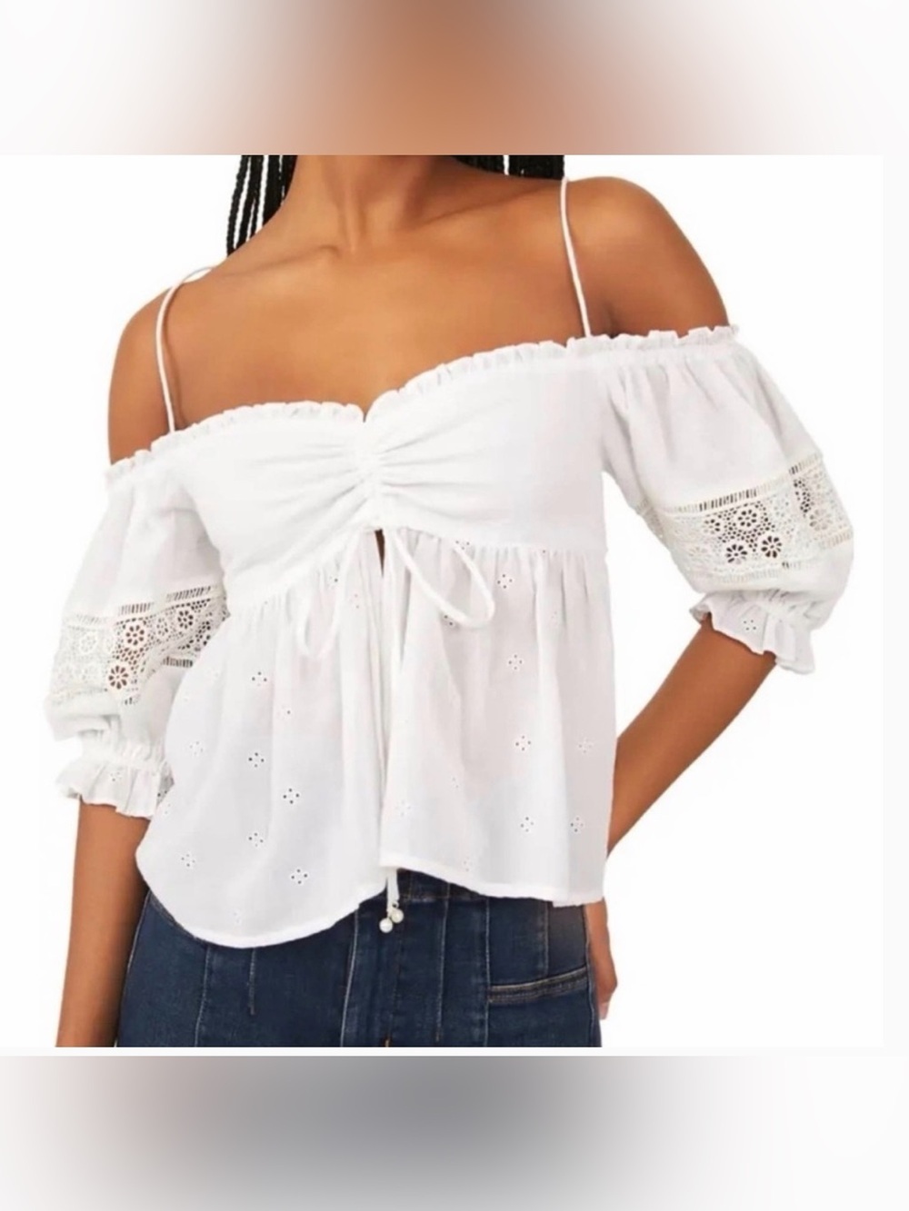 Free People Boho White Off-Shoulder Eyelet Peasant Crochet Top Small